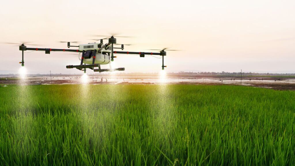 Drone spraying pesticide over green crop field