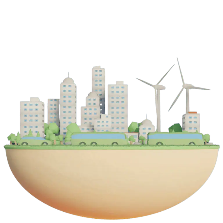 Sustainable city with wind turbines and greenery.