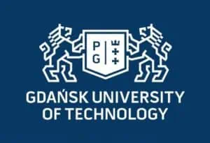 Gdańsk University of Technology logo on blue background.