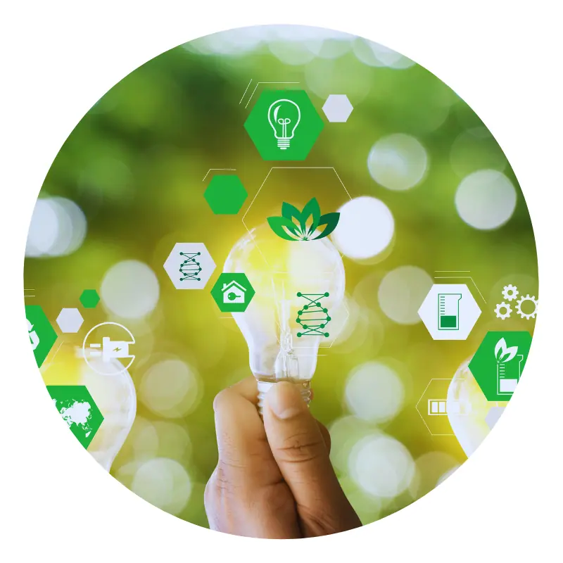 Hand holding eco-friendly lightbulb with green icons.