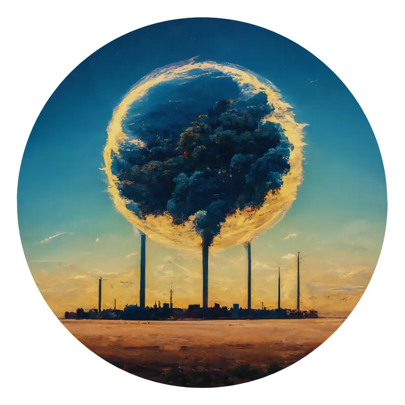 Surreal industrial cityscape with smokestacks and planet.
