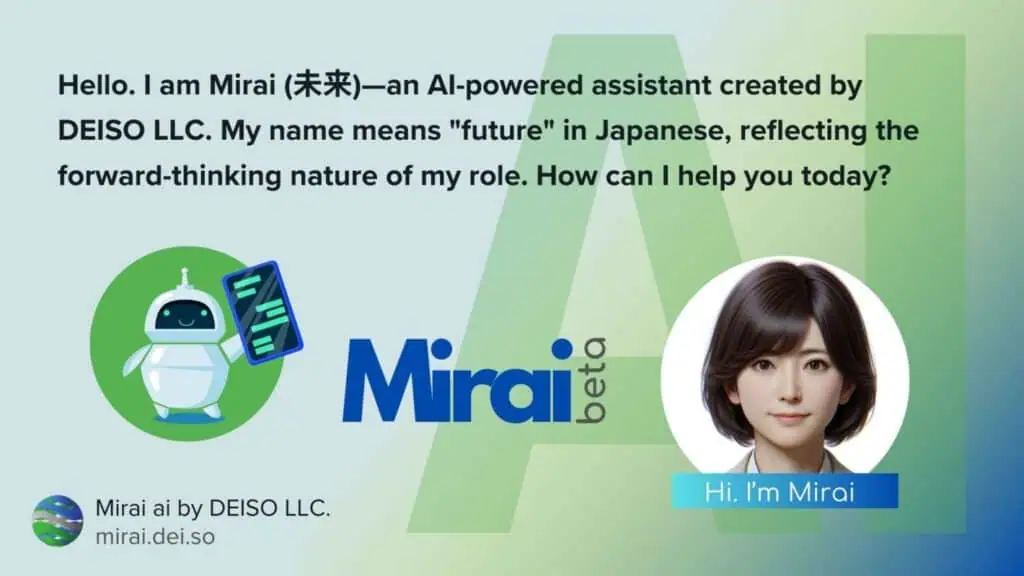 Mirai AI assistant by DEISO LLC introduction image.
