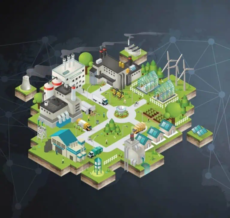 Sustainable city with factories, greenhouses, wind turbines.