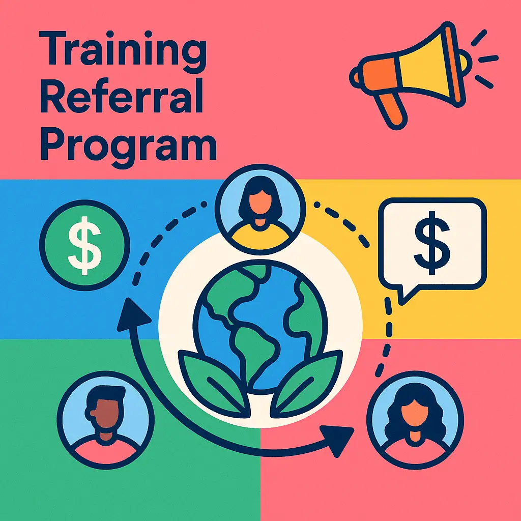 Training referral program with globe and people icons.