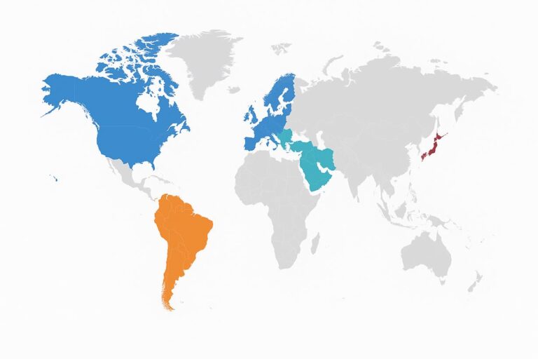 World map showing regions in different colors.